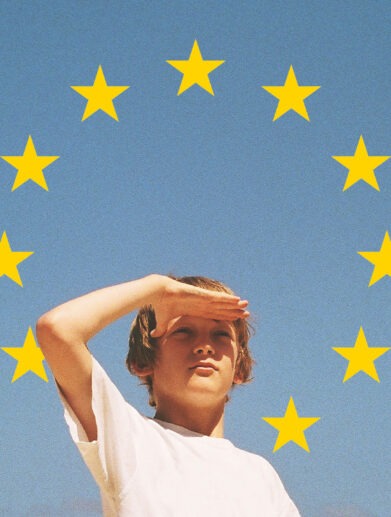 Youth Guarantee Cover - Young person looking far into the distance, the sky with the eu stars behind him