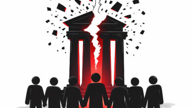 Demokratieskepsis in Österreich - Eine minimalistische Illustration in Schwarz, Weiß und Rot zeigt schwarze Silhouetten vor einem Gebäude mit zerbrechenden Säulen