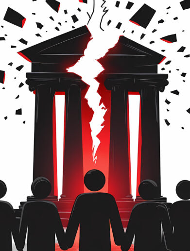 Demokratieskepsis in Österreich - Eine minimalistische Illustration in Schwarz, Weiß und Rot zeigt schwarze Silhouetten vor einem Gebäude mit zerbrechenden Säulen