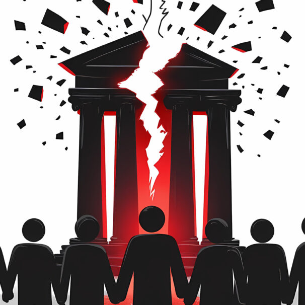 Demokratieskepsis in Österreich - Eine minimalistische Illustration in Schwarz, Weiß und Rot zeigt schwarze Silhouetten vor einem Gebäude mit zerbrechenden Säulen