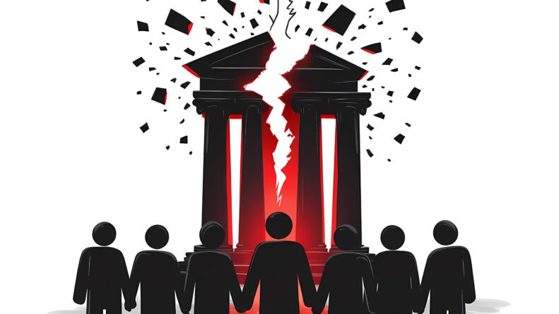 Demokratieskepsis in Österreich - Eine minimalistische Illustration in Schwarz, Weiß und Rot zeigt schwarze Silhouetten vor einem Gebäude mit zerbrechenden Säulen