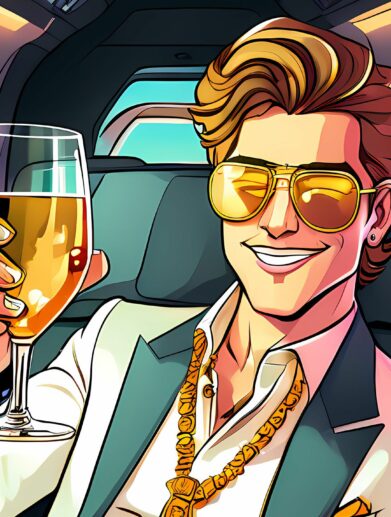 The Rich way of living - reicher typ sitzt mit Weinglas in seinem Privatjet