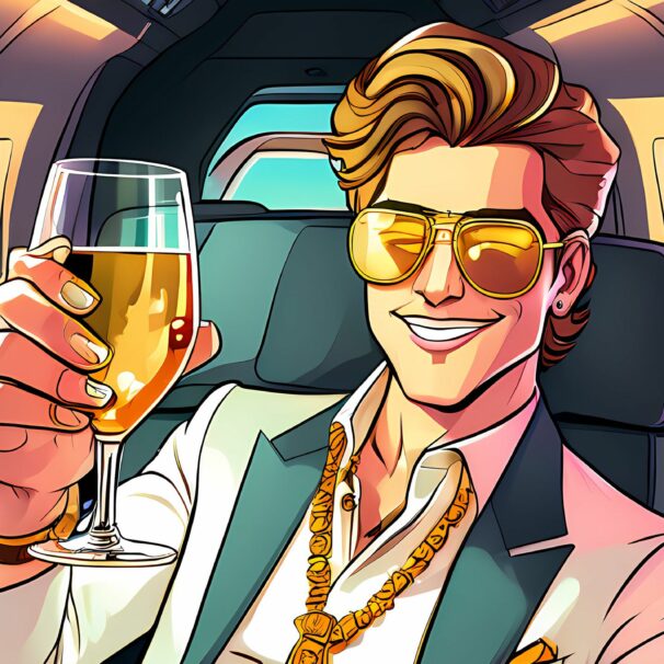 The Rich way of living - reicher typ sitzt mit Weinglas in seinem Privatjet