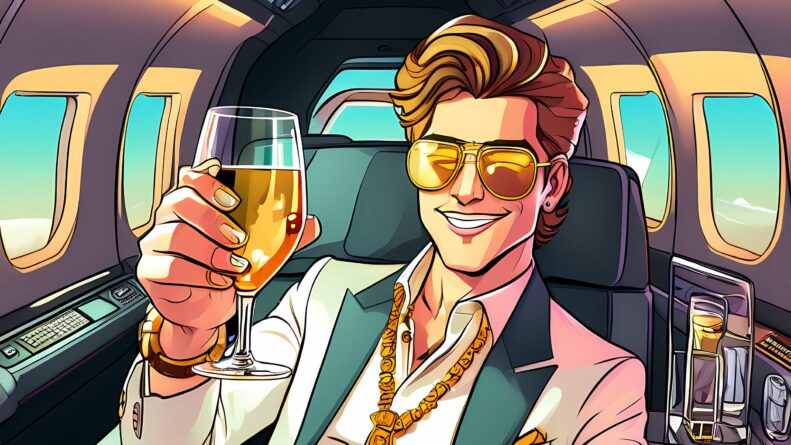 The Rich way of living - reicher typ sitzt mit Weinglas in seinem Privatjet